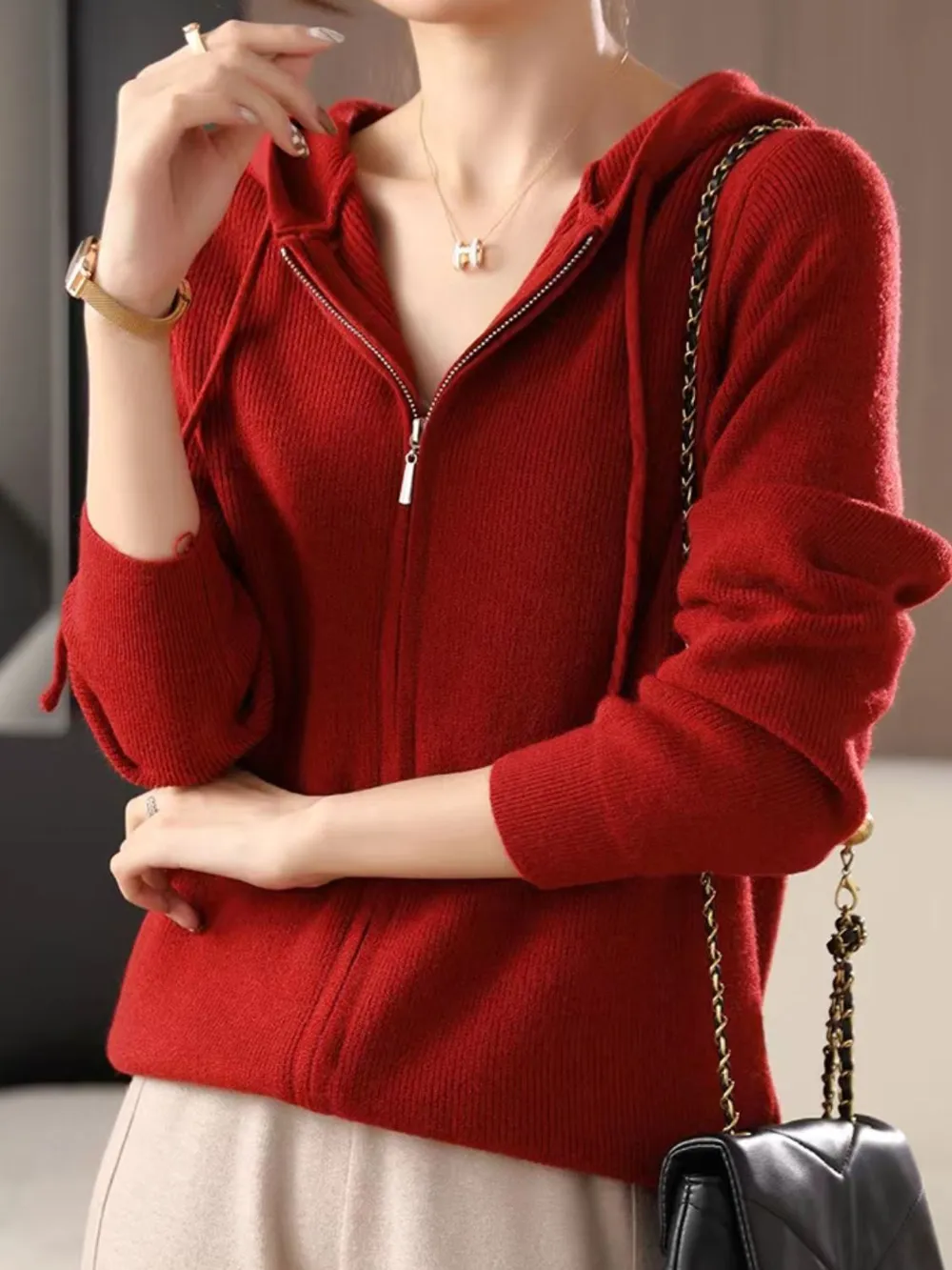 Drawstring Zip Up Long Sleeve Hooded Sweater, image 10