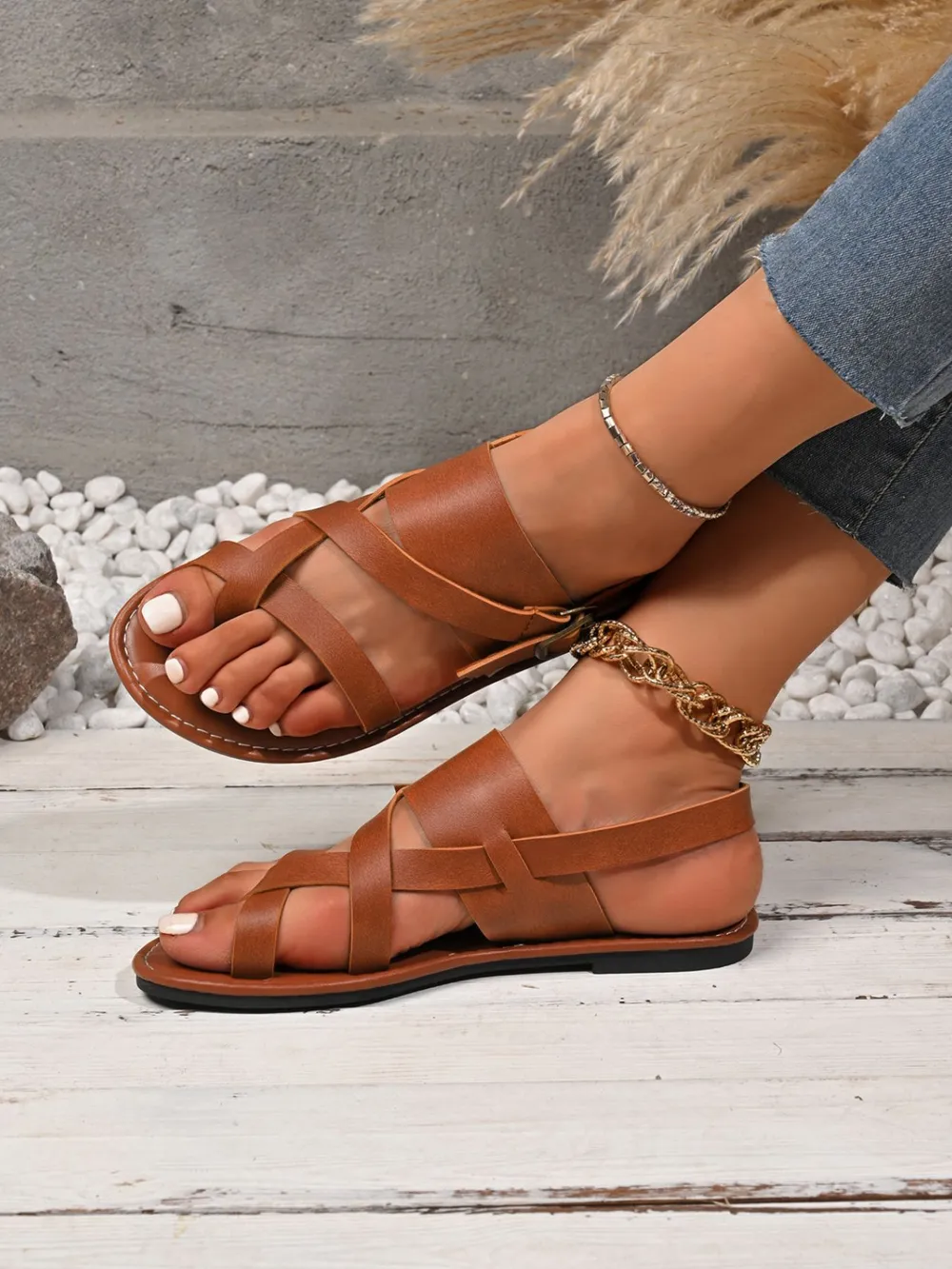 Leather Buckle Flat Sandals, image 9