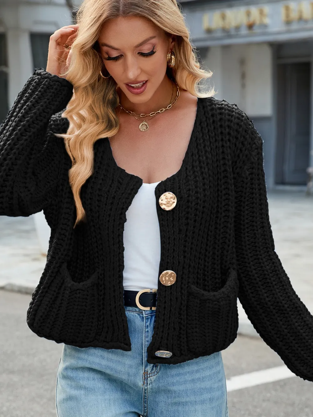 Round Neck Button Up Cardigan with Pockets, image 6