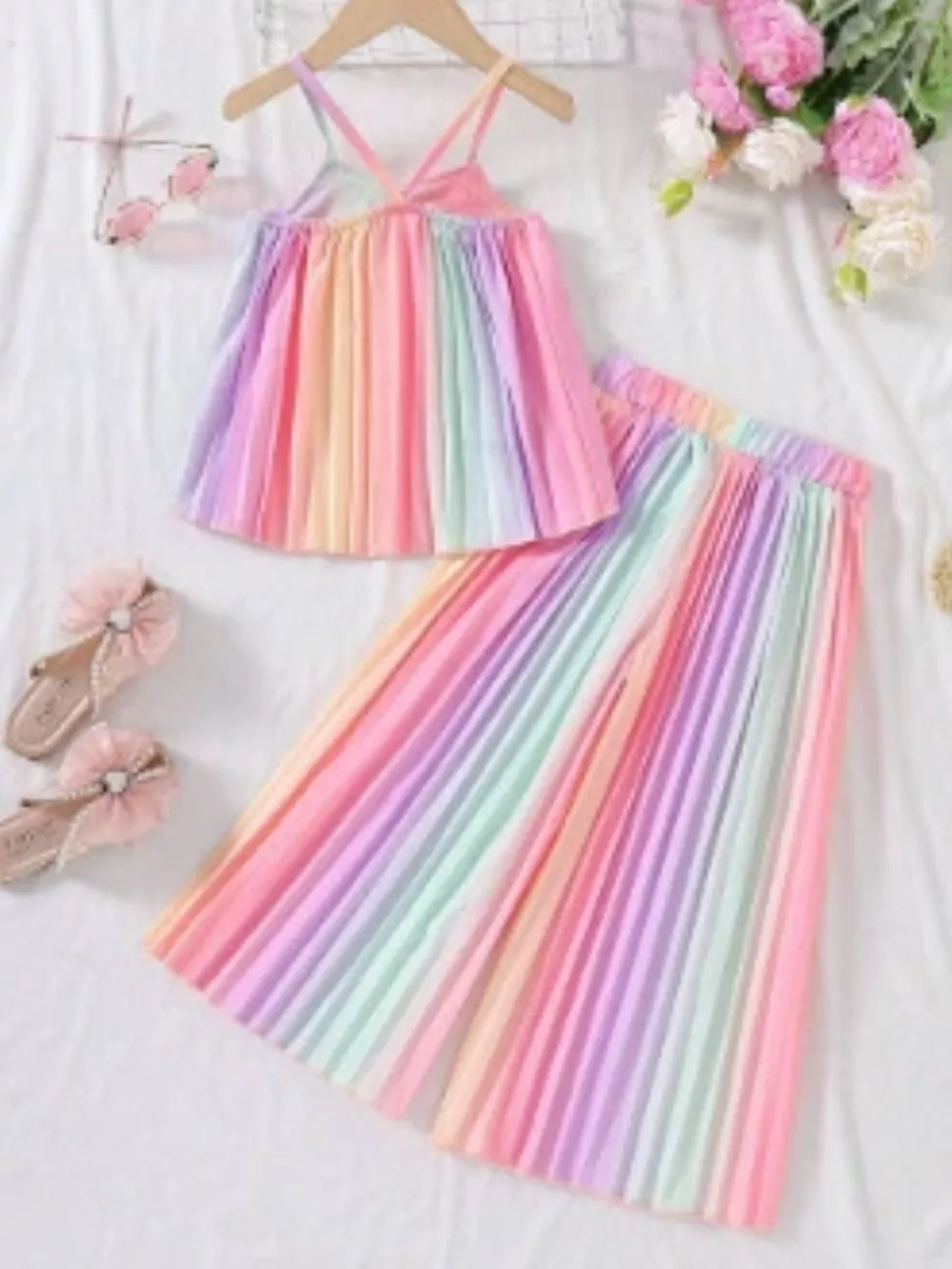 Children's Rainbow Pleated Cami Top and Wide Leg Pants Set, image 5
