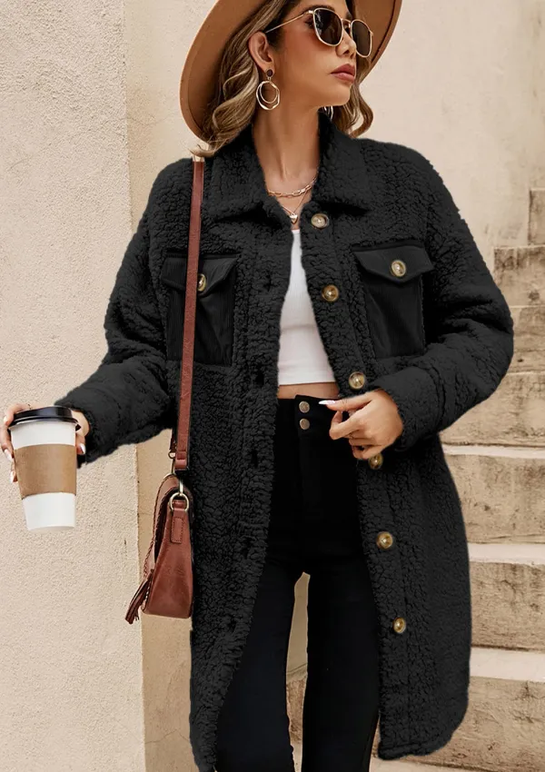 Collared Neck Long Sleeve Longline Teddy Jacket, image 27