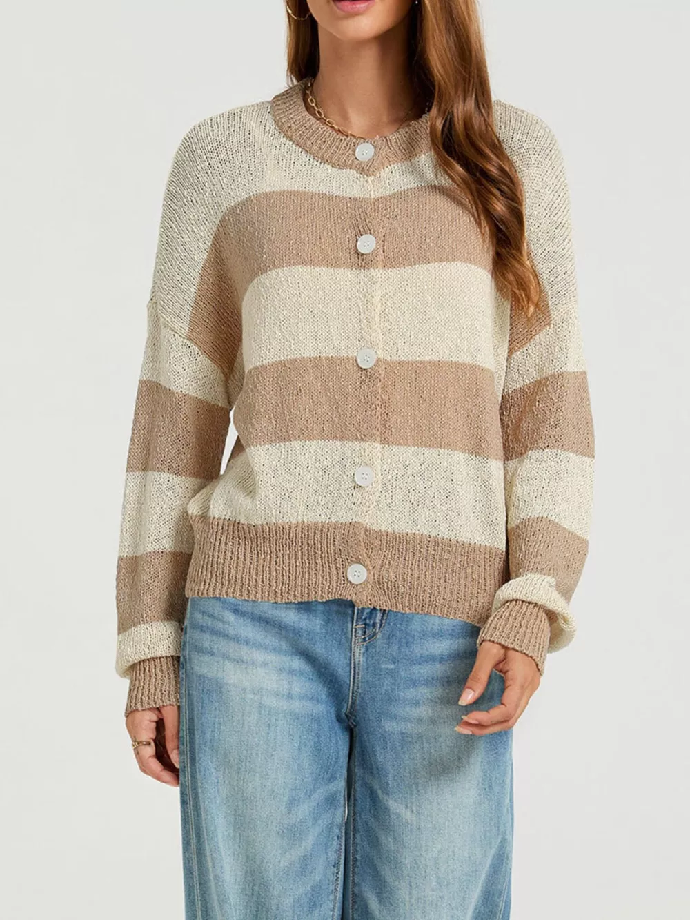 Casual Striped Button-Down Knit Cardigan, image 3