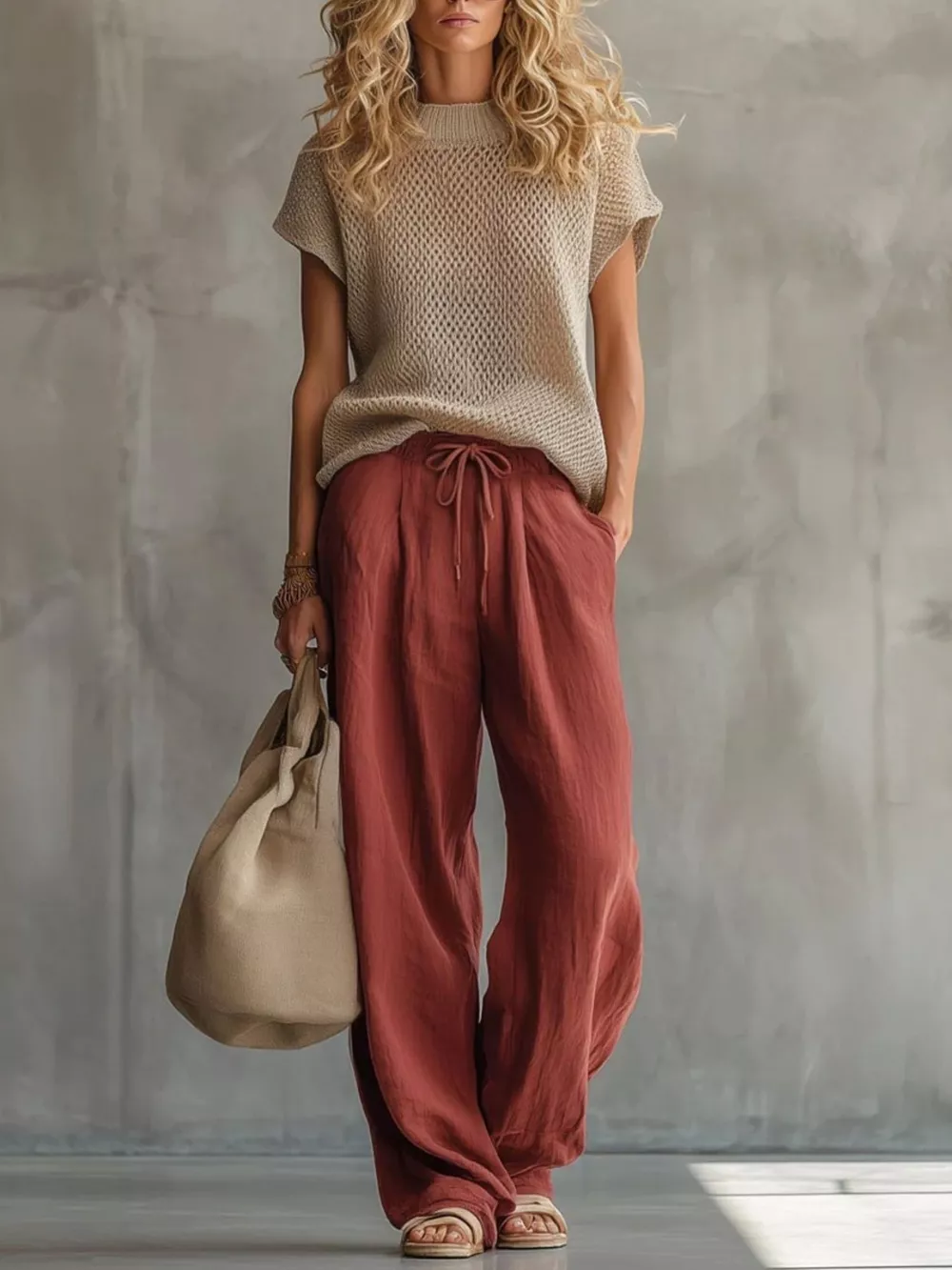 Openwork Knit Top and Wide-Leg Pant Set