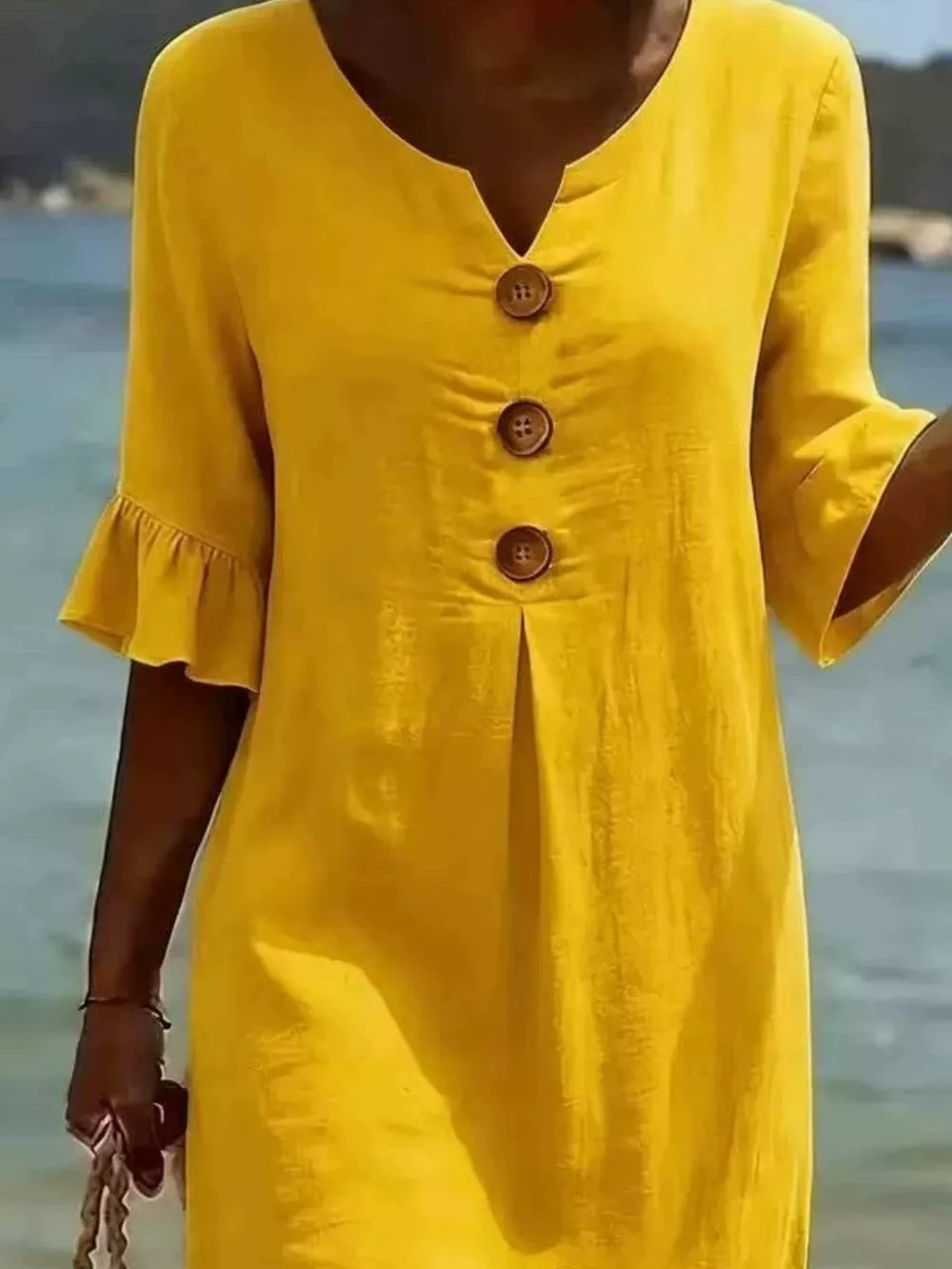 Full Size Casual Decor Button Dress with Ruffle Sleeves Plus Size, image 16