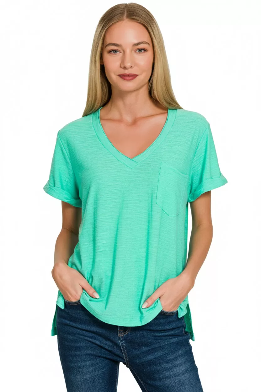 Slub Rolled Short Sleeve V-Neck Tee, image 2