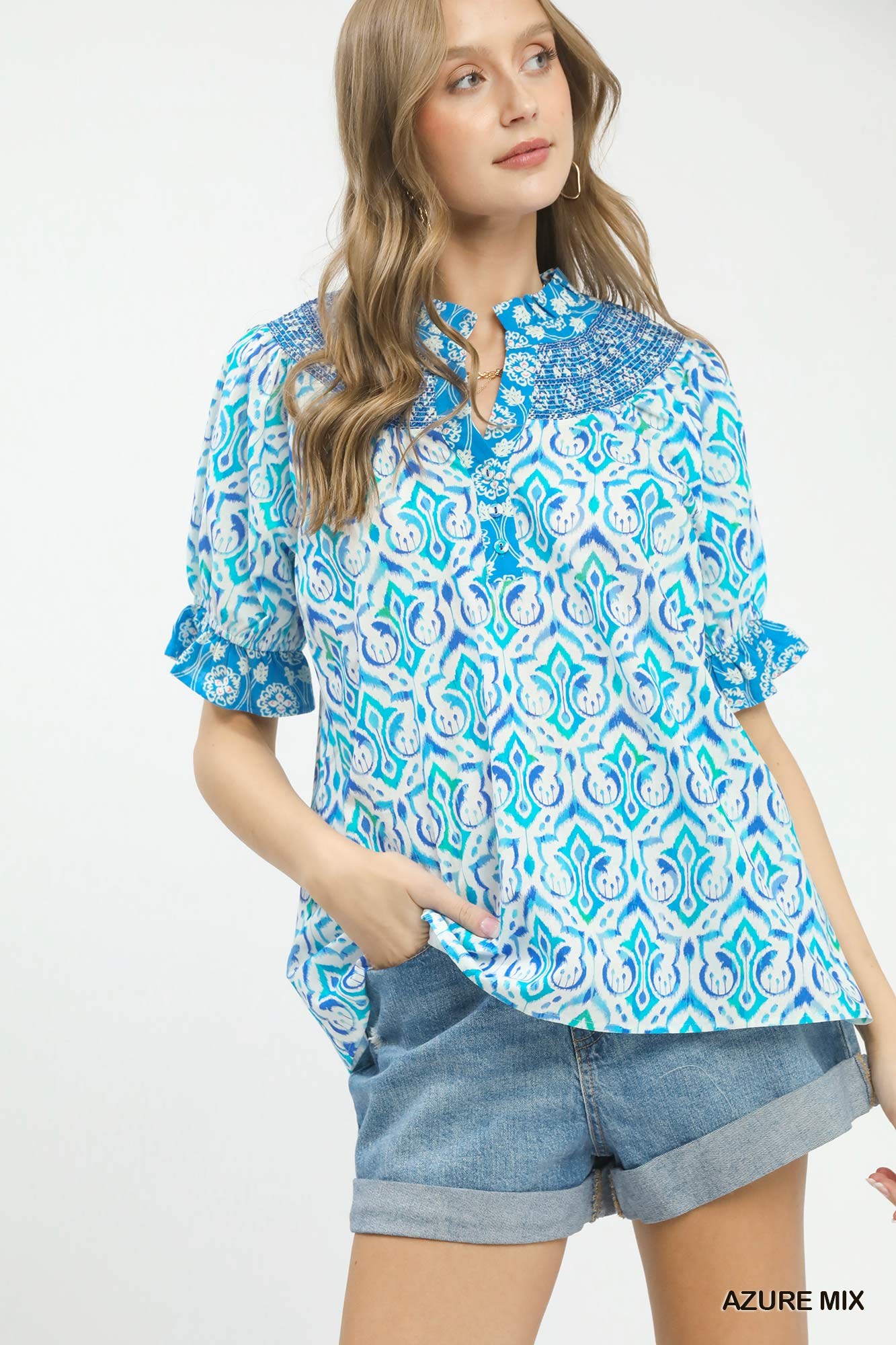 Mix Boho Puff Sleeve Smocked Top