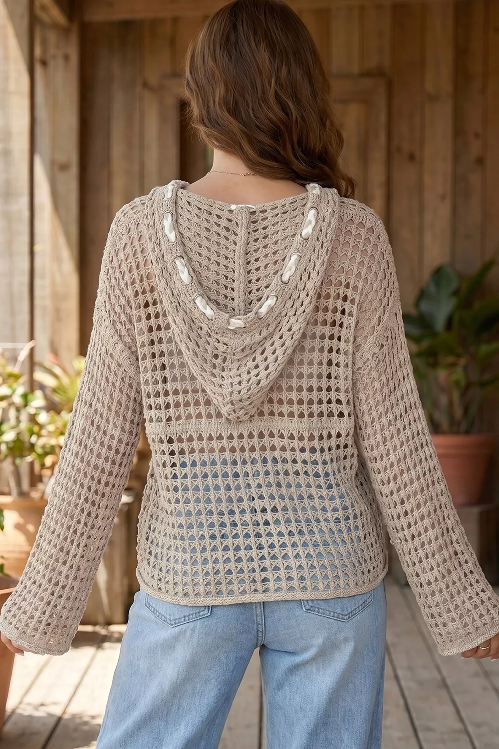 Star Pattern Crochet Hooded Drawstring Knit Cover Up, image 3