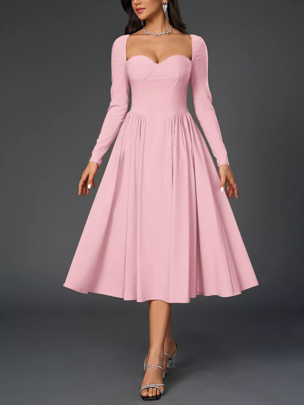 Sweetheart Neckline Long Sleeve A-Line Midi Dress, image 27