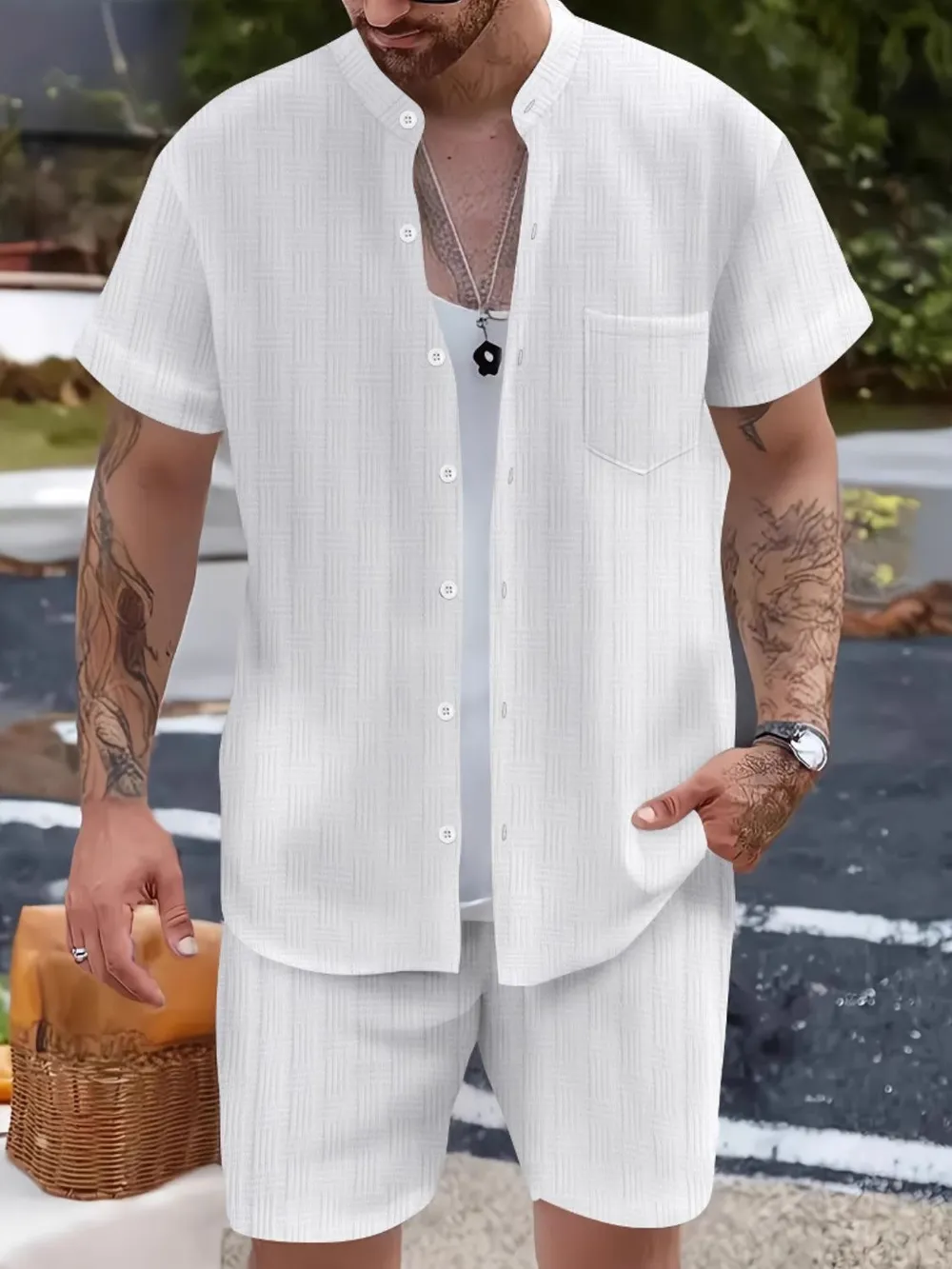 Men's Button Up Short Sleeve Shirt and Shorts Set, image 2