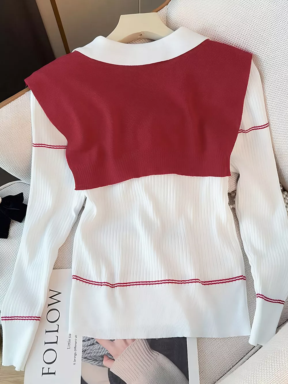 Ribbed Knit Top with Contrast Shawl, image 5