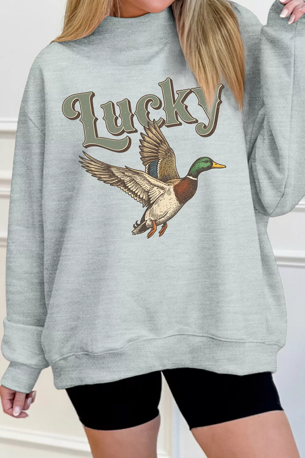Lucky Mallard Graphic Mock Neck Casual Sweatshirt, image 3