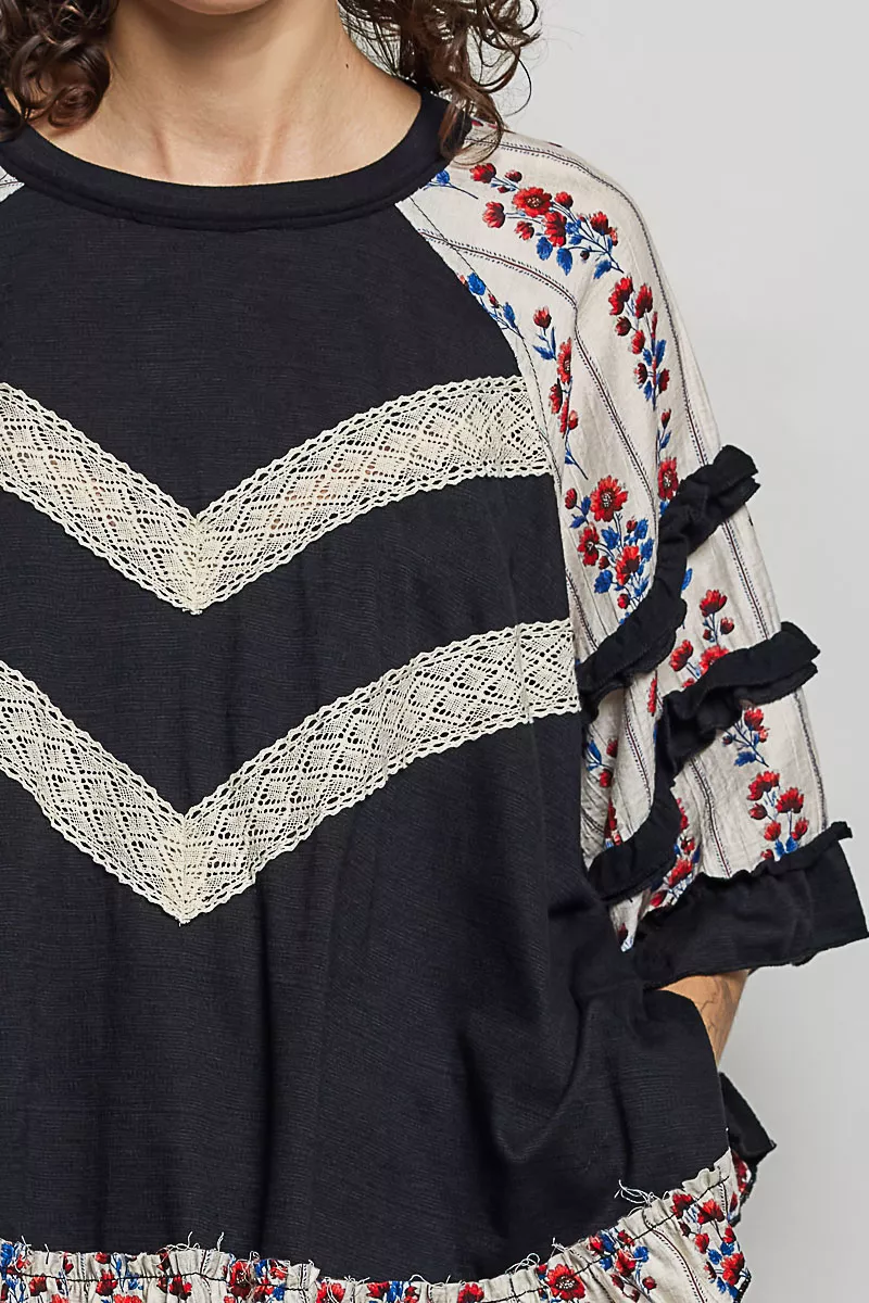 POL Round Neck Half Sleeve Contrast Floral Lace Oversized Knit Top, image 6