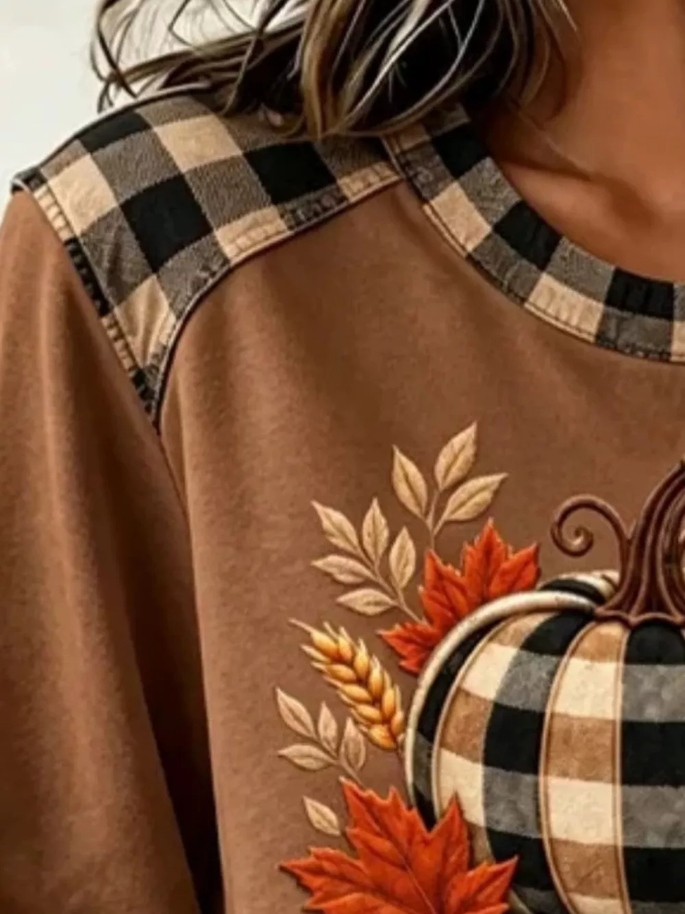 Full Size Pumpkin Plaid Patchwork Long Sleeve Sweatshirt Plus Size, image 5