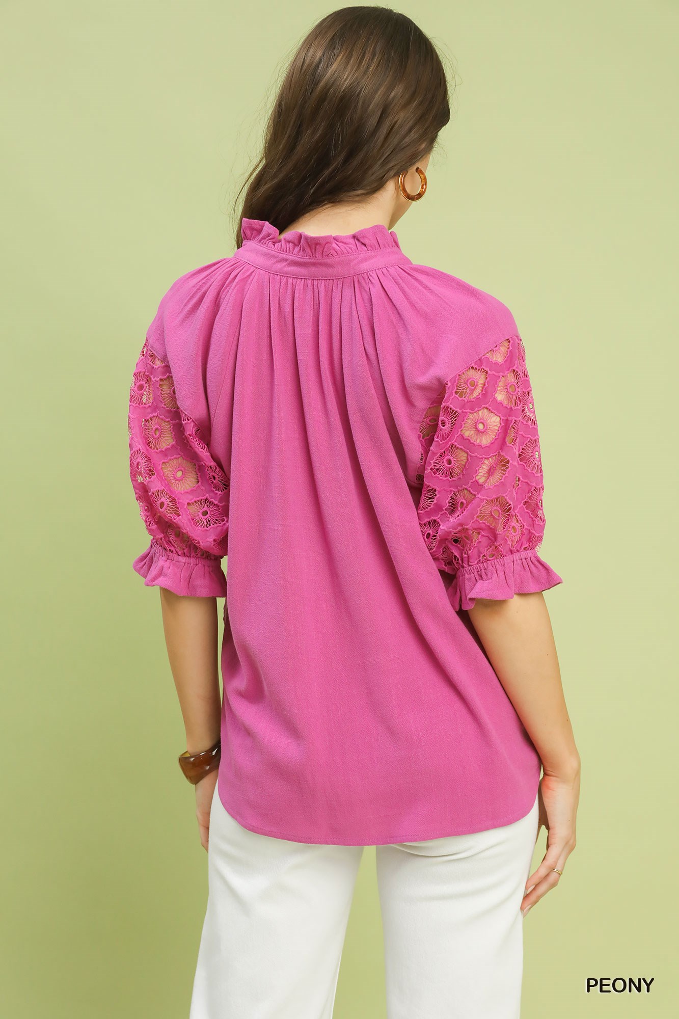 Linen V-Neck Lace Puff Sleeve Top, image 3