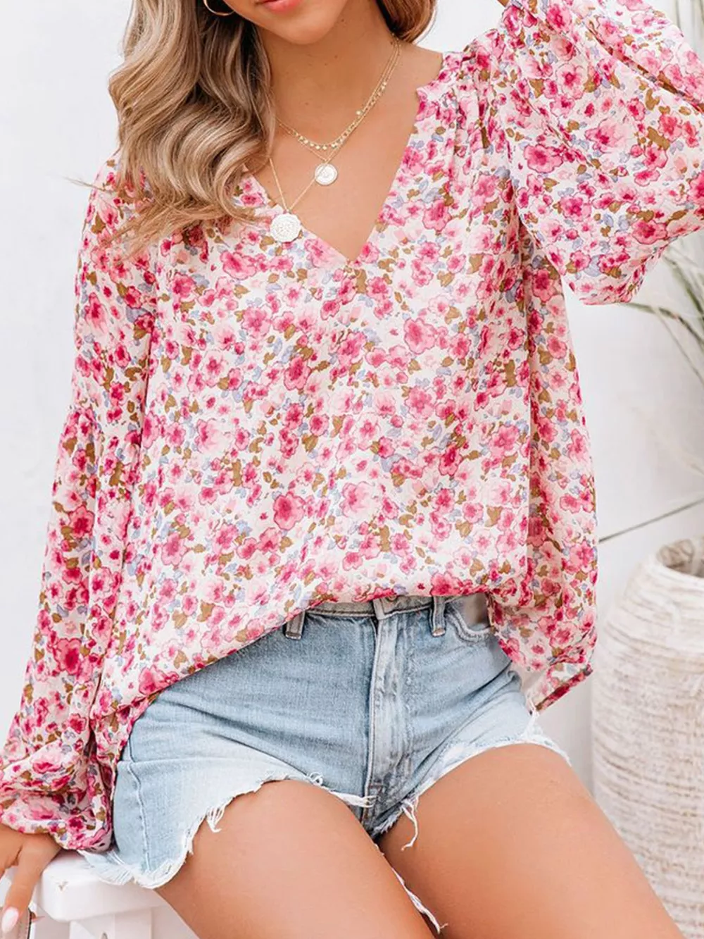 Full Size Floral Print V-Neck Long Sleeve Blouse Plus Size, image 8