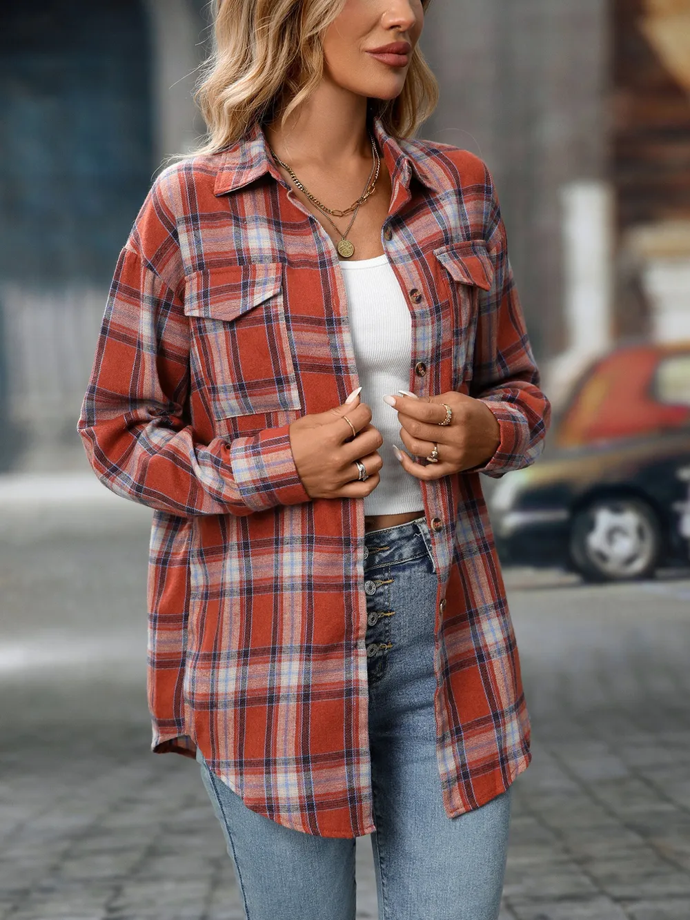 Plaid Button-Down Oversized Shirt, image 5