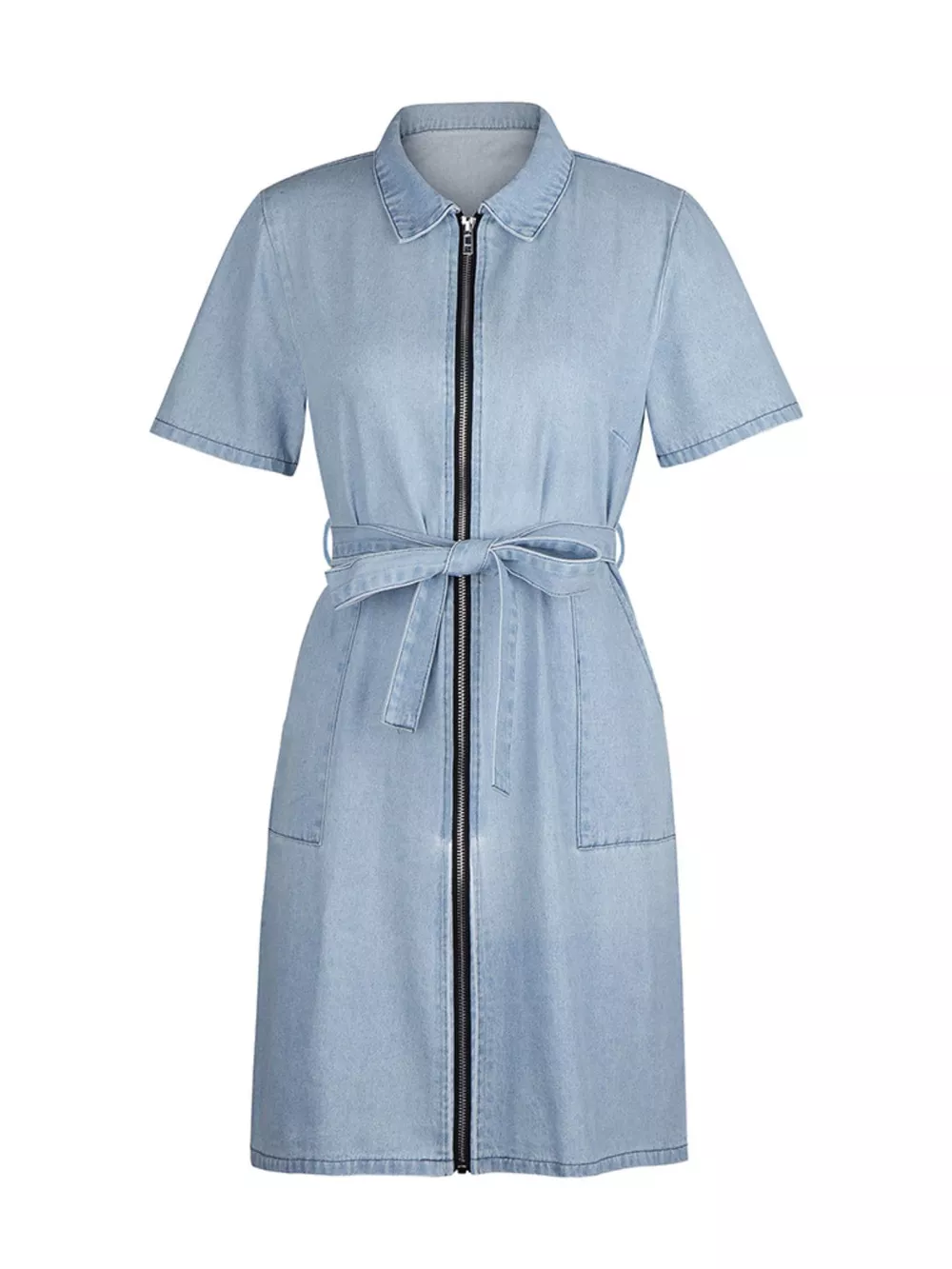 Zip Front Short Sleeve Denim Dress, image 6