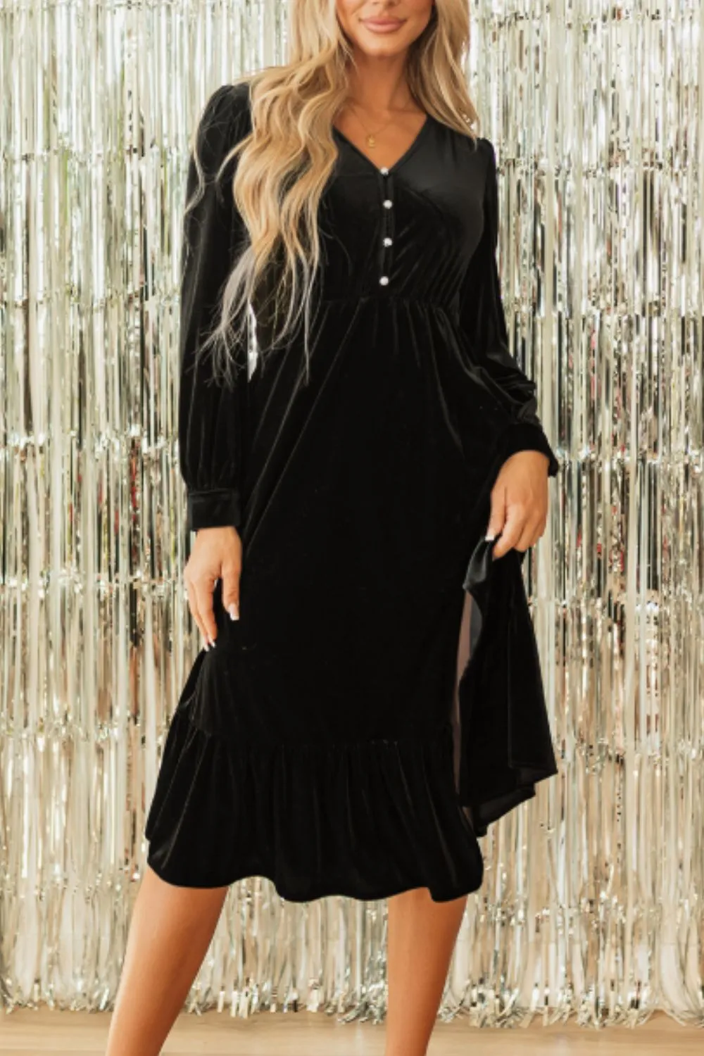 Ruffle Hem Slit V-Neck Long Sleeve Dress, image 4