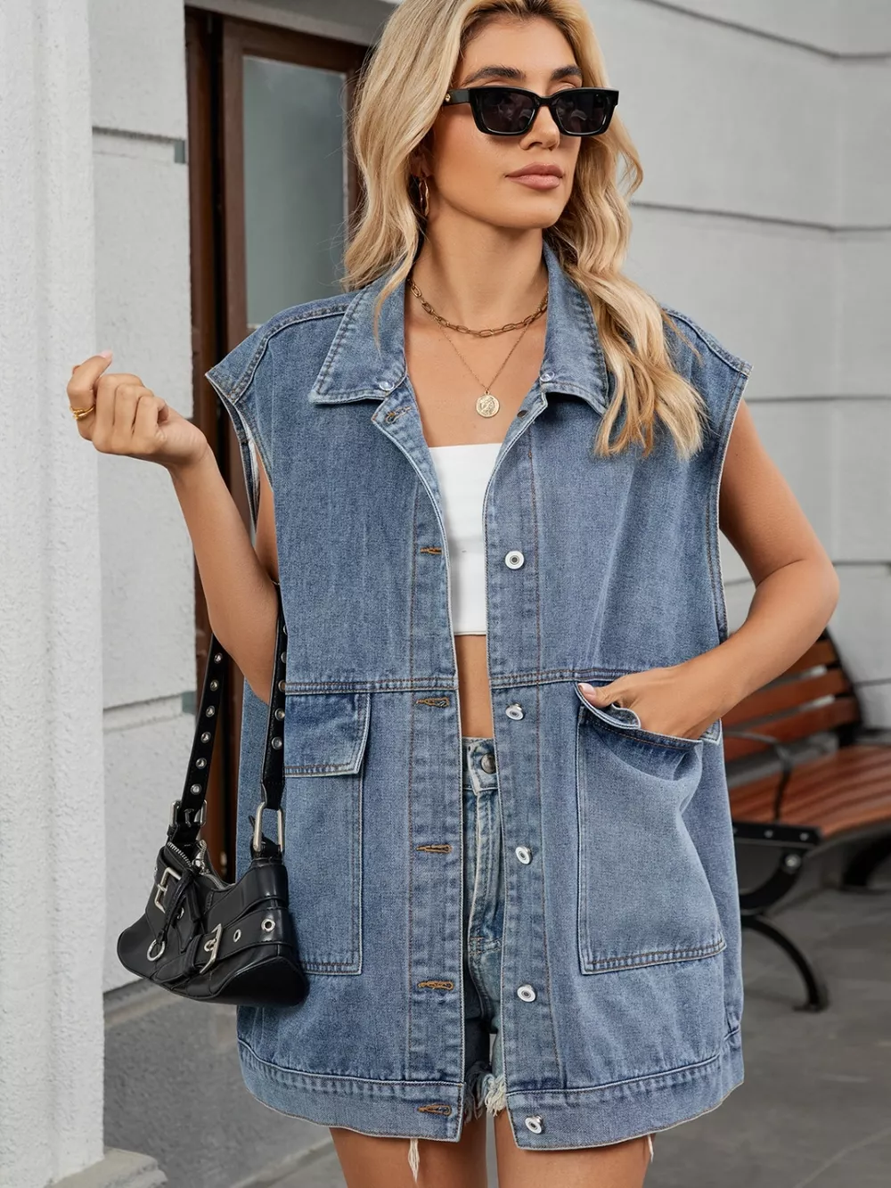 Button Down US Flag Denim Vest, image 2