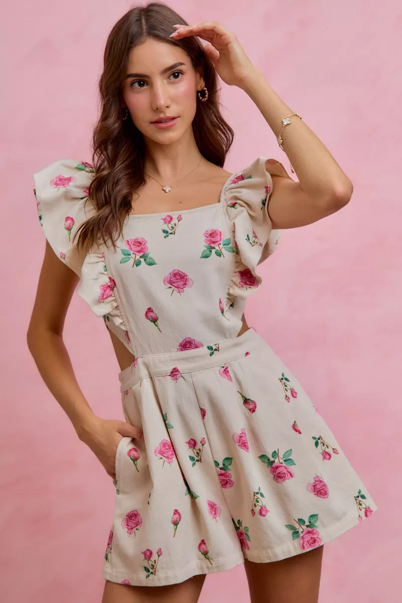 Floral Print Denim Cut Out Waist Ruffled Romper, image 5