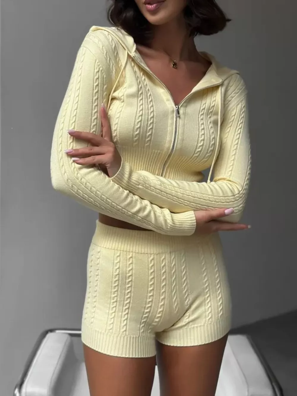 Cable Knit Zip-Up Hooded Top and Shorts Lounge Set, image 7