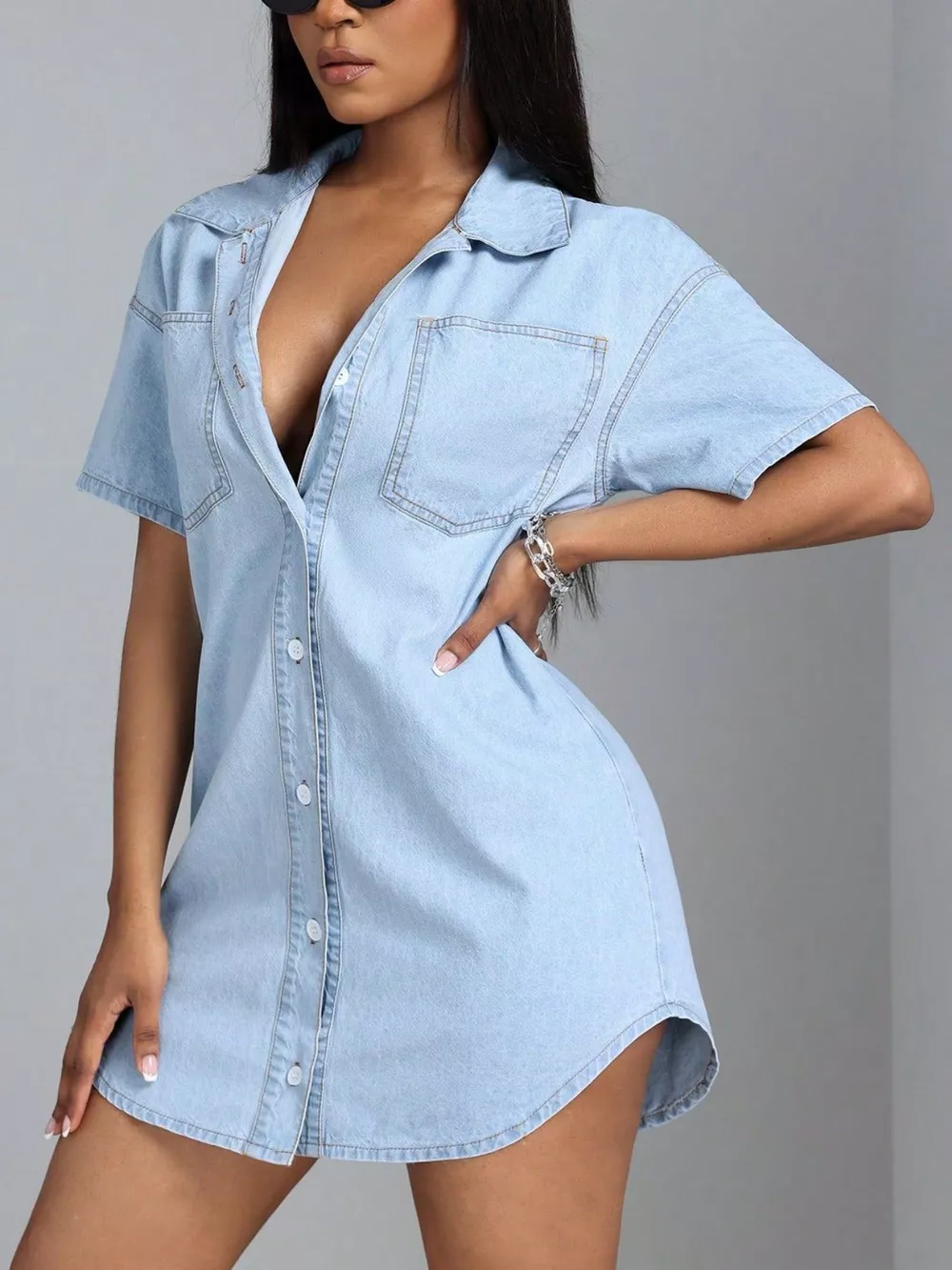 Button-Down Short Sleeve Denim Dress, image 2