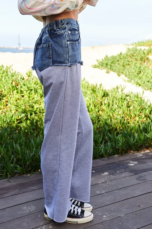 Raw Hem Denim Patchwork Wide Leg Pants, image 3
