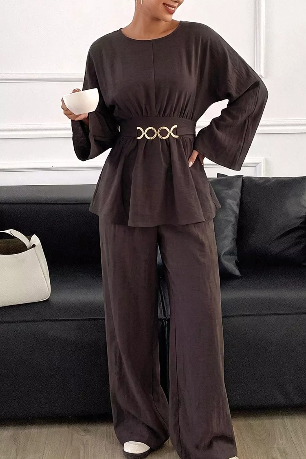 Metal Chain Waist Detail Top and Pants Set, image 7