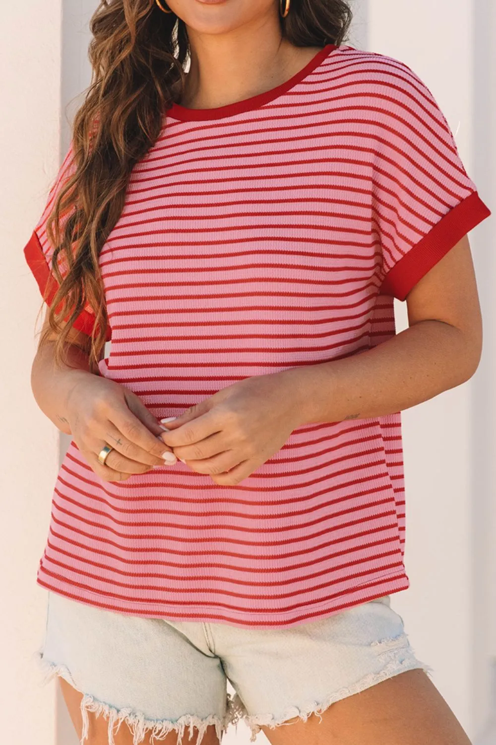 Contrast Striped Round Neck Short Sleeve T-Shirt, image 8