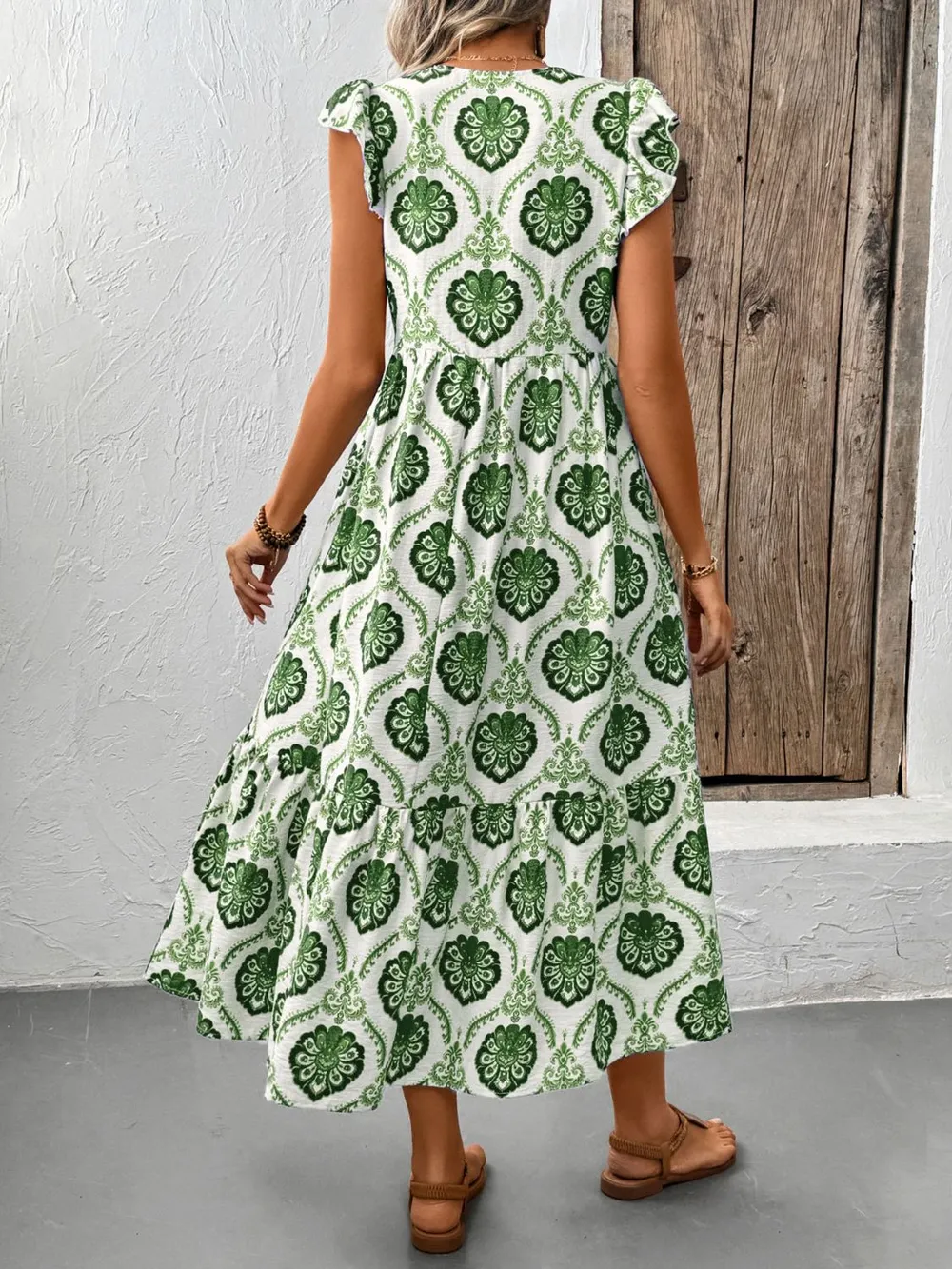 Ruffled Printed V-Neck Cap Sleeve Dress, image 3