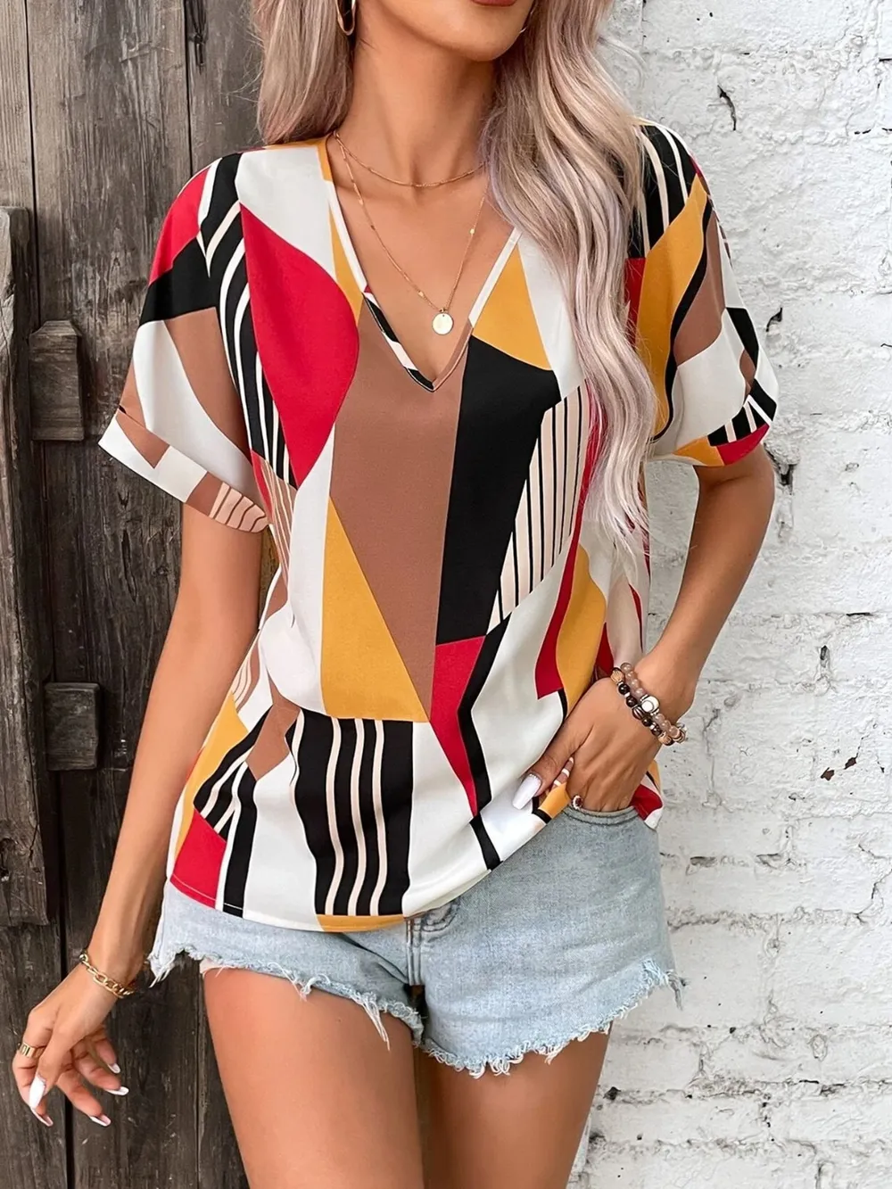 Printed V-Neck Short Sleeve Blouse, image 5