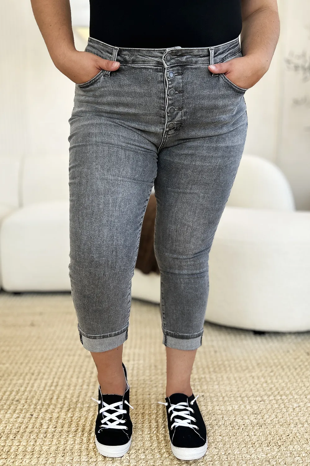 Full Size Button Fly High Waist Cuffed Capris, image 6
