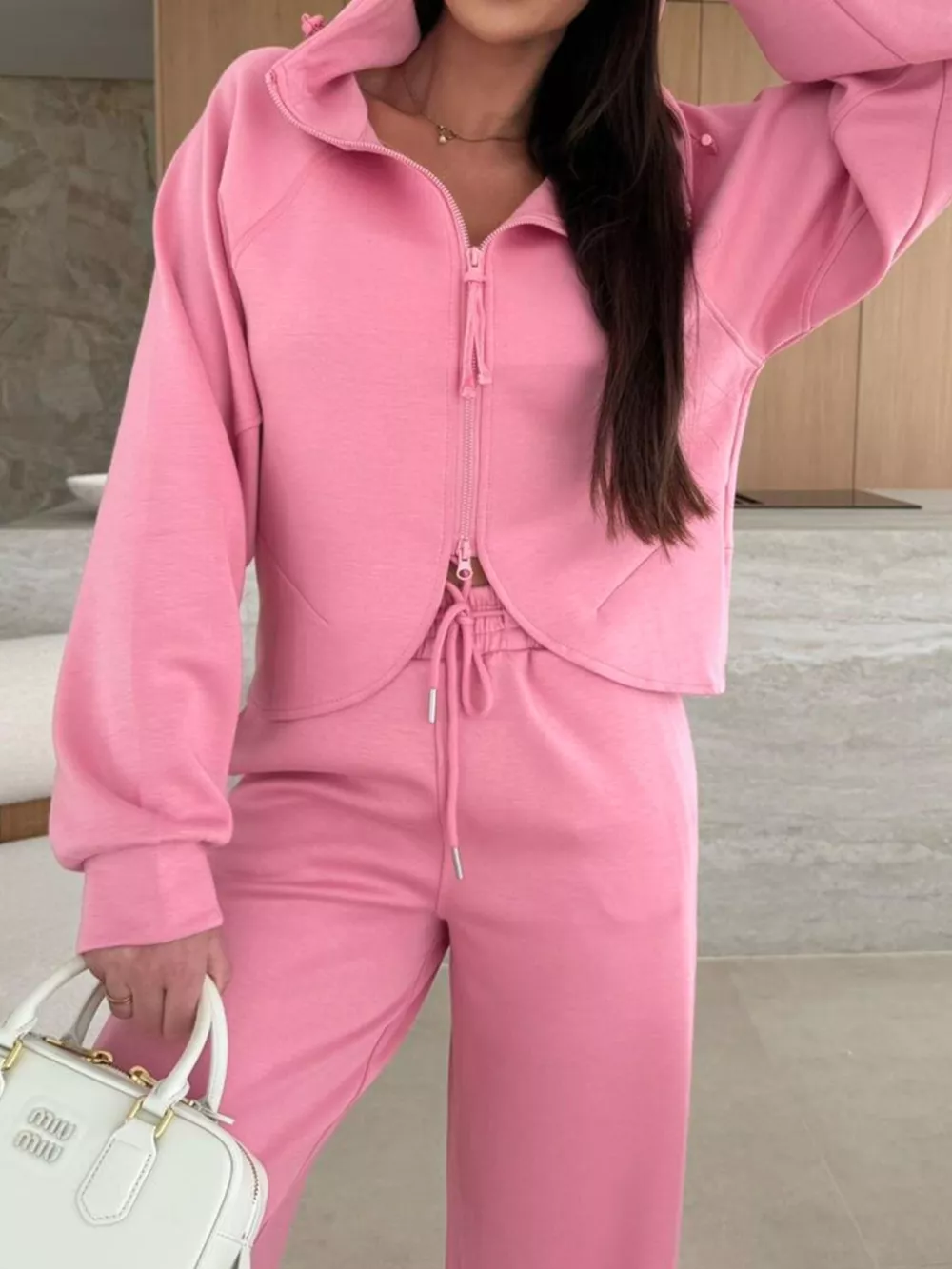 Solid Color Zip Up Hoodie Drawstring Loose Pants Set, image 2