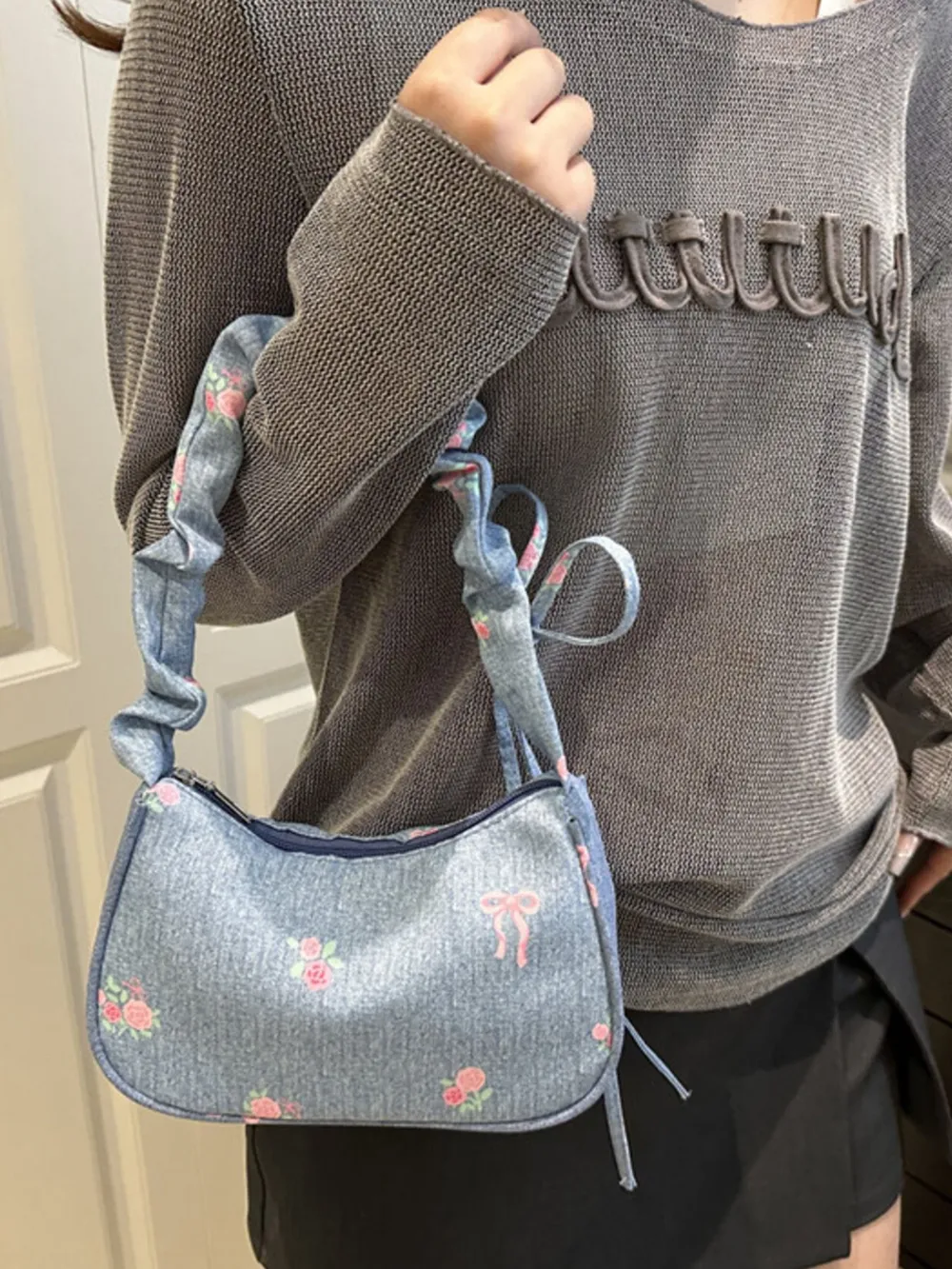 Embroidered Ruched Strap Shoulder Bag, image 8