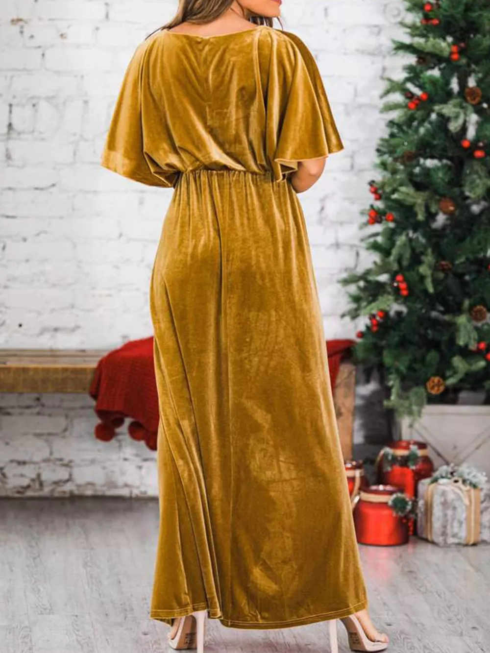 Slit Round Neck Flutter Sleeve Velvet Maxi Dress, image 7