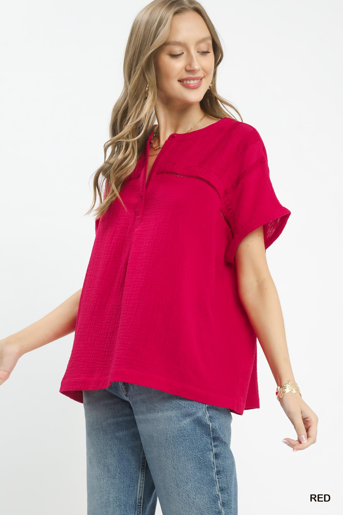 Textured Gauze Split-Neck Boho Blouse, image 2