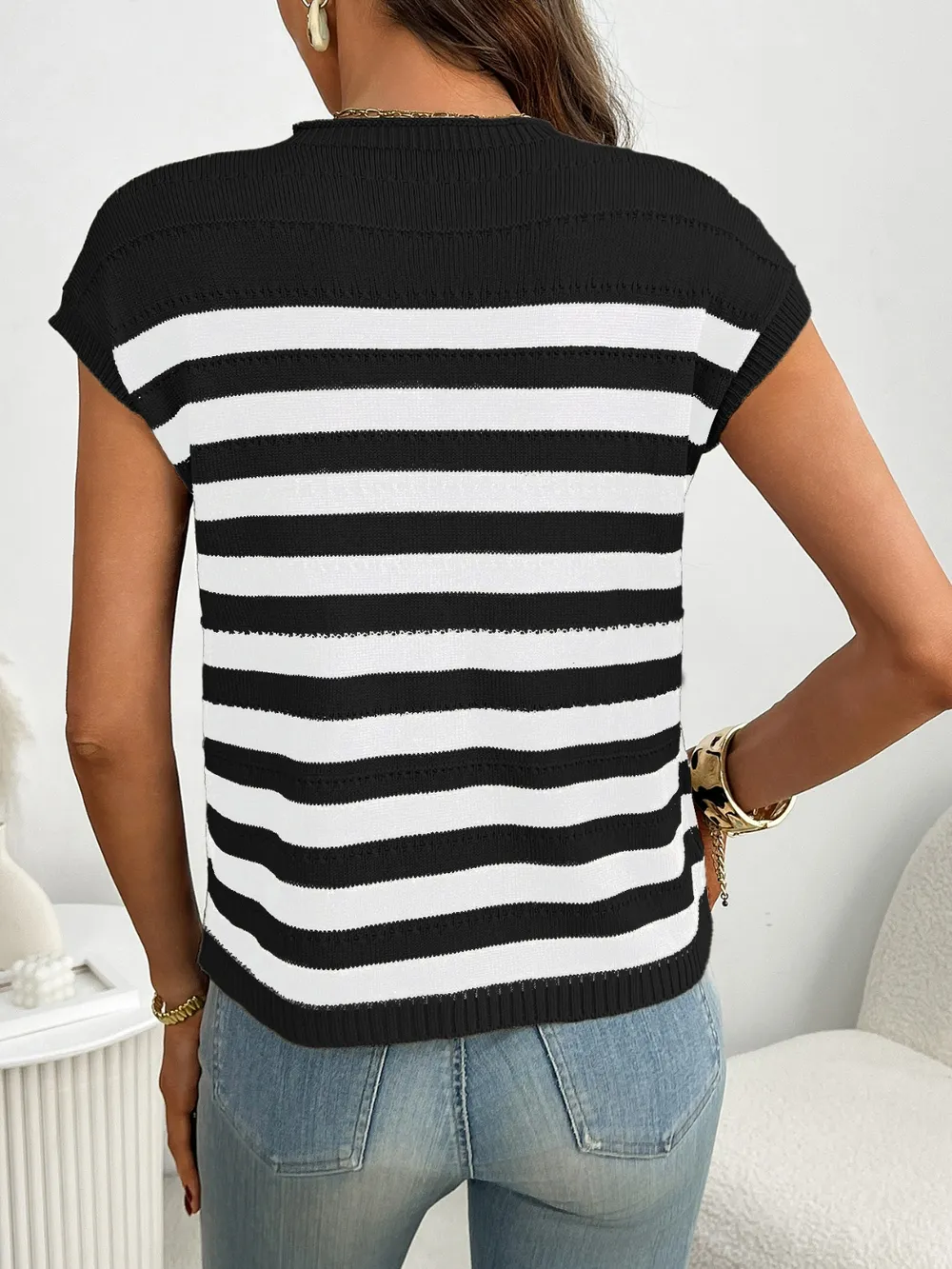 Striped Mock Neck Cap Sleeve Knit Top, image 4
