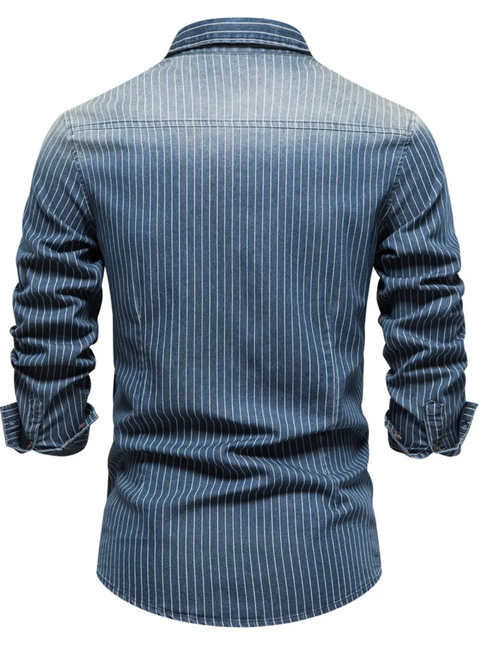 Men's Striped Collared Neck Button Down Denim Shirt, image 4