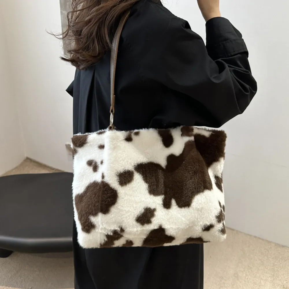 Cow Print Furry Tote Bag, image 4