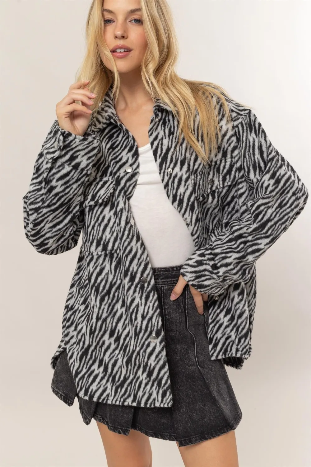 Zebra Print Snap Down Long Sleeve Shacket