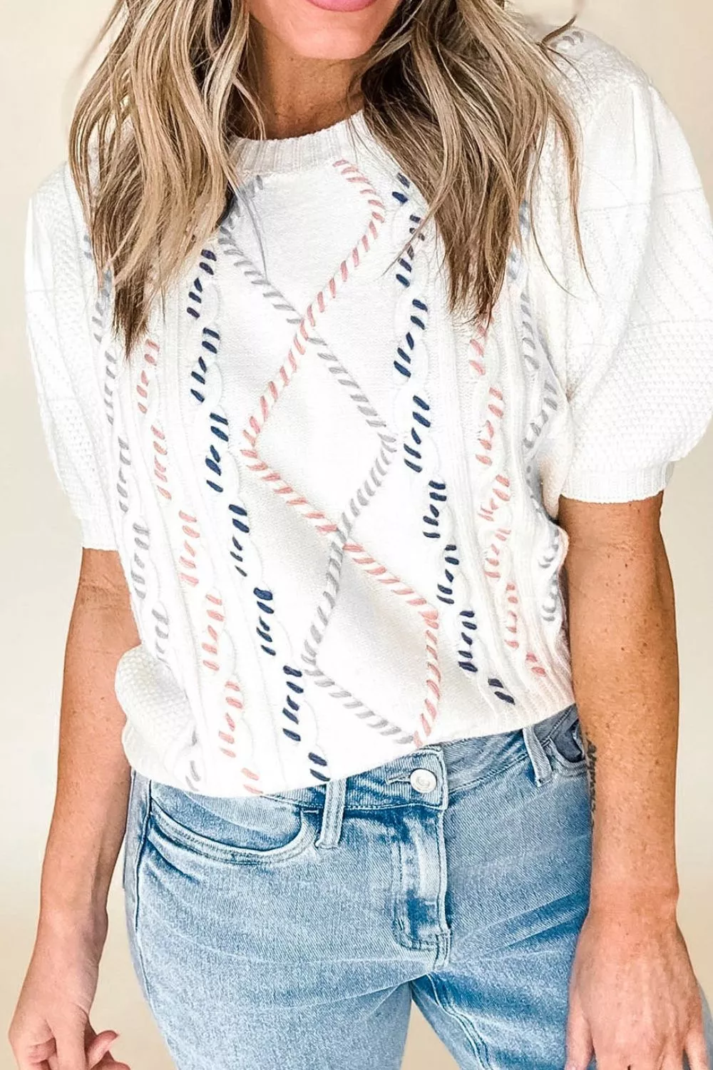 Cable Knit Short Sleeve Sweater, image 4