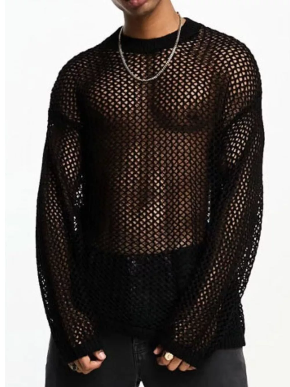 Men's Full Size Sheer Striped Round Neck T-Shirt Plus Size, image 2