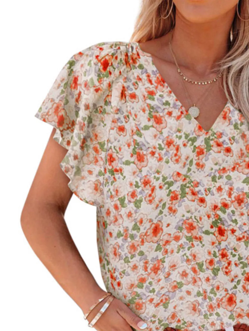 Full Size Floral Print Flutter Sleeve V-Neck Blouse Plus Size, image 16