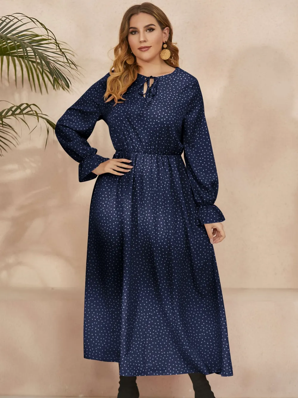 Plus Size Ruffled Polka Dot Long Sleeve Midi Dress, image 3