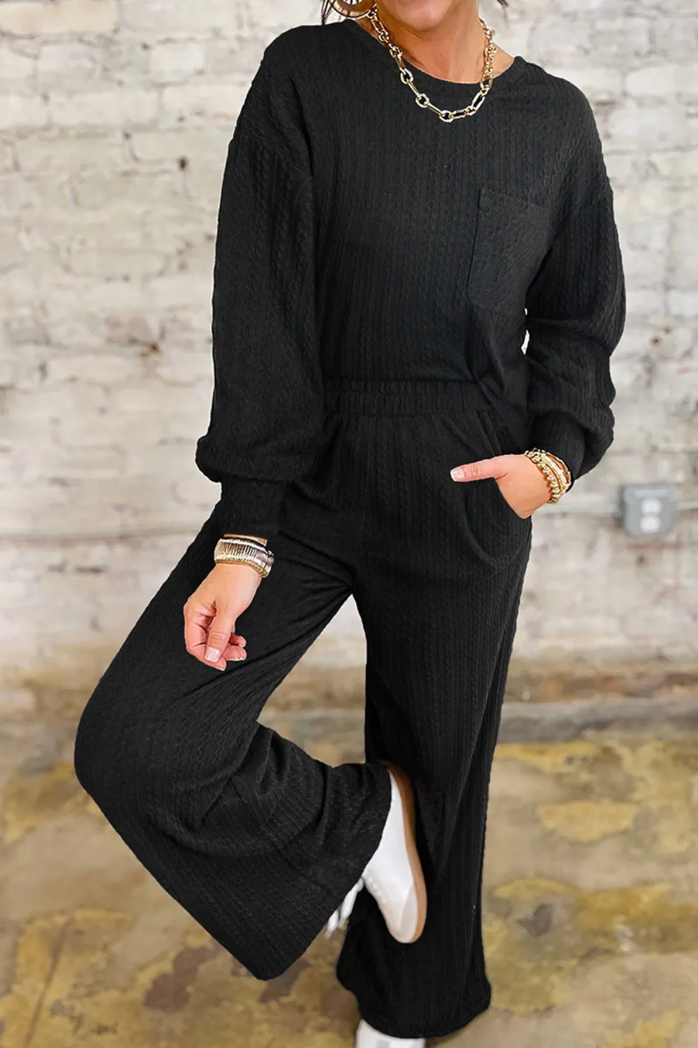 Round Neck Top and Pants Set, image 3