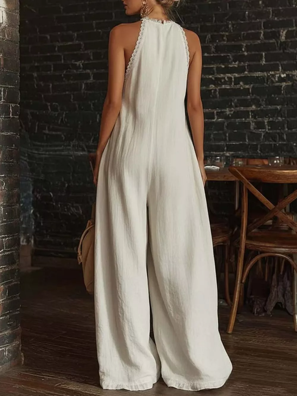 Full Size Halter Neck Lace Trim Wide Leg Jumpsuit Plus Size, image 3