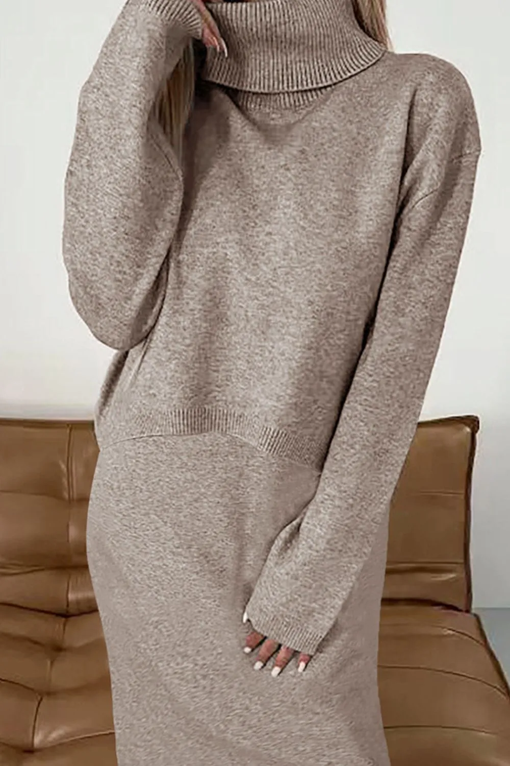 Turtleneck Dropped Shoulder Sweater and Dress Sweater Set, image 2