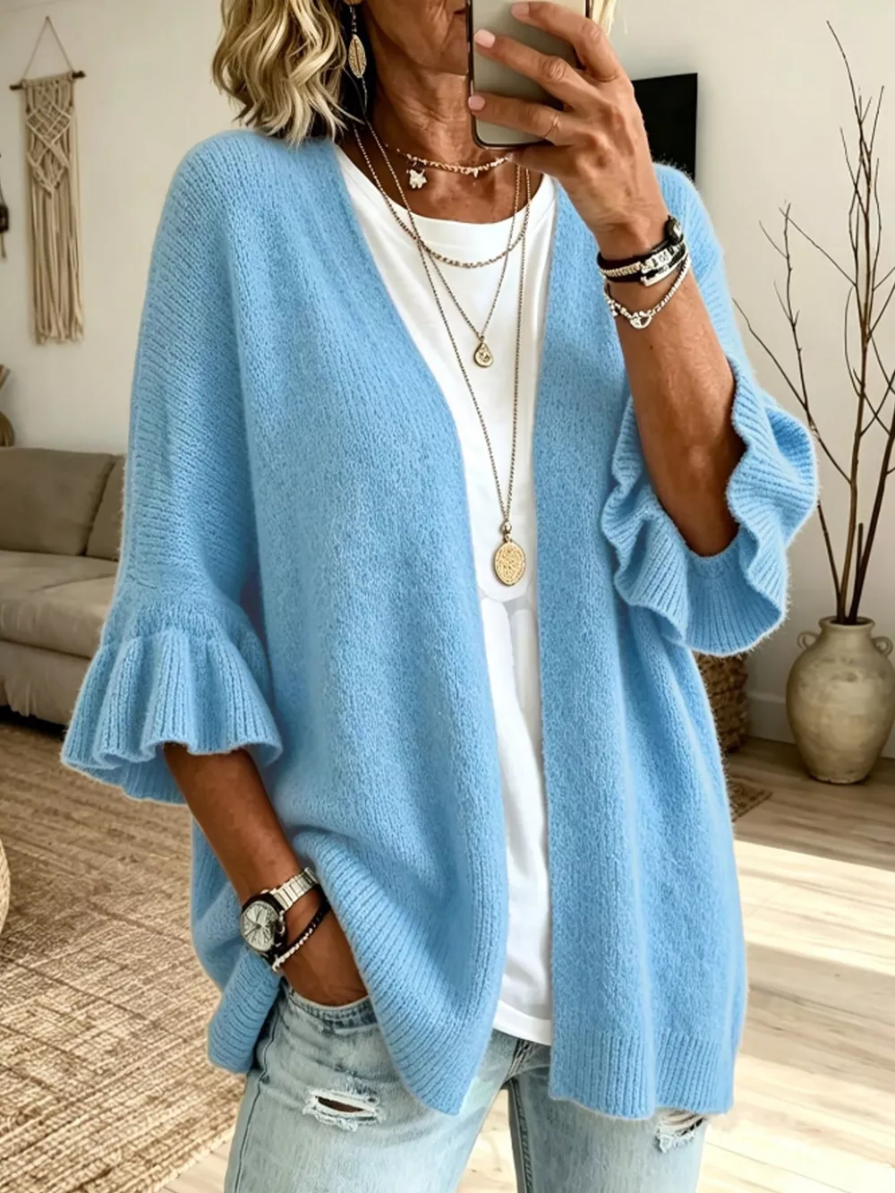 Full Size Ruffle Sleeve Open-Front Cardigan Plus Size, image 6