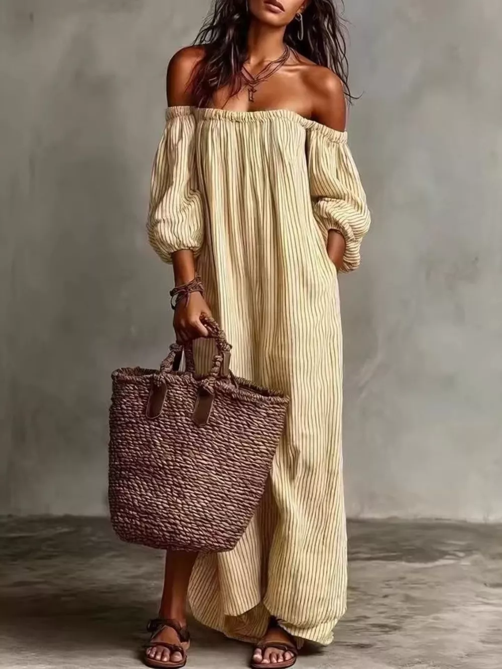 Full Size Off-Shoulder Striped Maxi Dress with Puff Sleeves Plus Size, image 8
