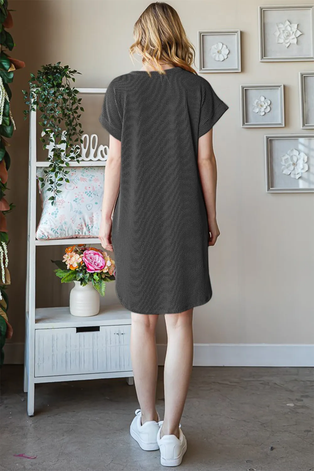 Full Size Ribbed Round Neck Short Sleeve Tee Dress, image 7
